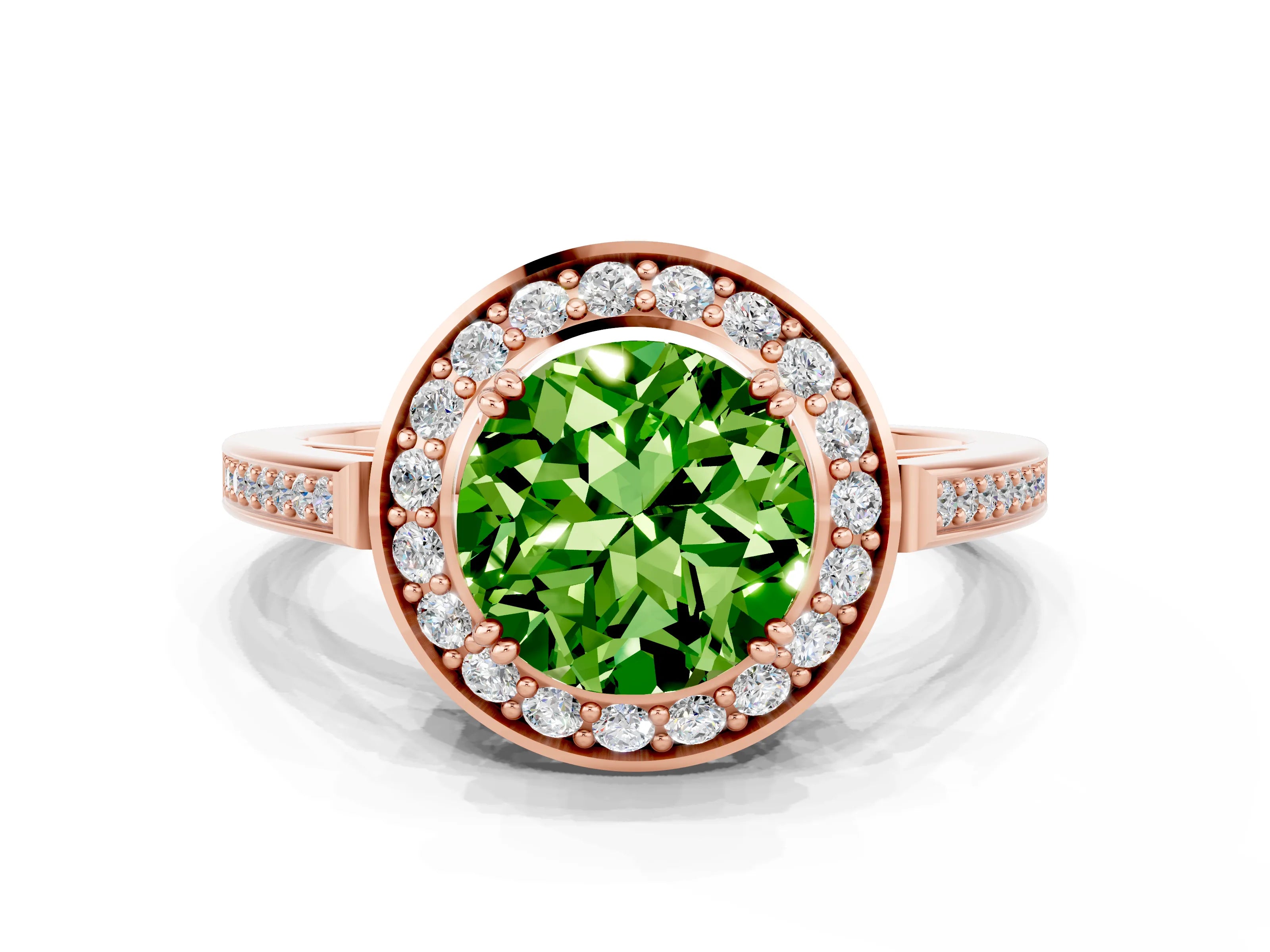Rose gold {shape_name} Peridot Halo Ring with Split Shank and Four-Prong Setting