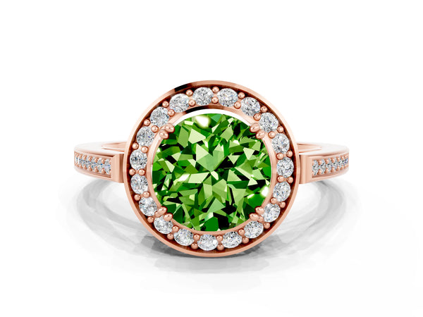 Rose gold Round Cut Peridot Halo Ring with Split Shank and Four-Prong Setting