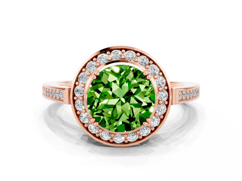 Rose gold {shape_name} Peridot Halo Ring with Split Shank and Four-Prong Setting