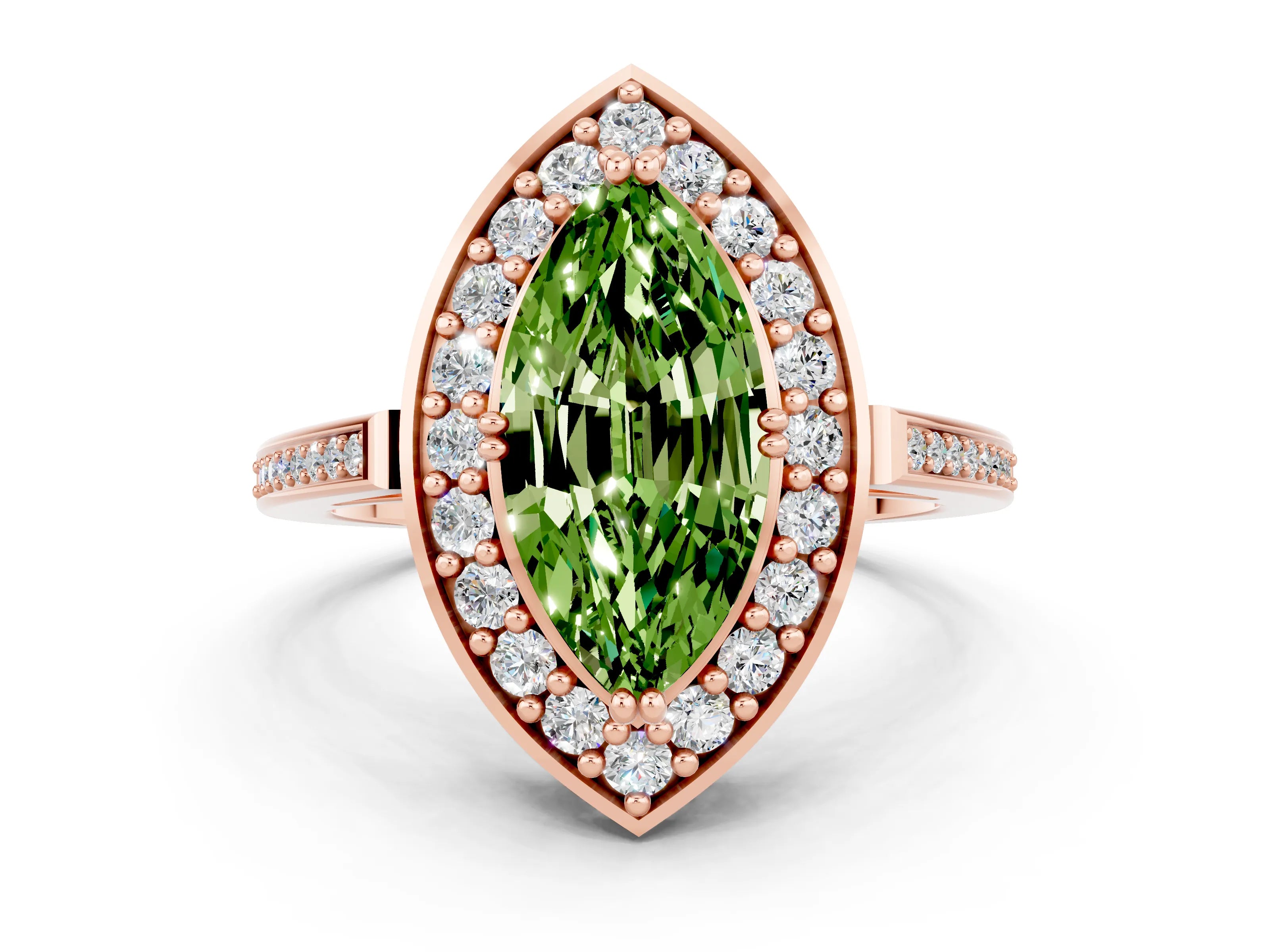 Rose gold {shape_name} Peridot Halo Ring with Split Shank and Four-Prong Setting