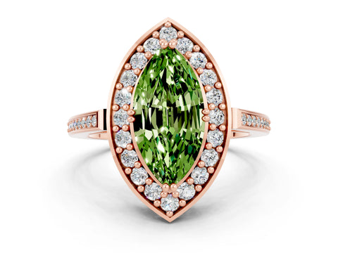 Rose gold {shape_name} Peridot Halo Ring with Split Shank and Four-Prong Setting