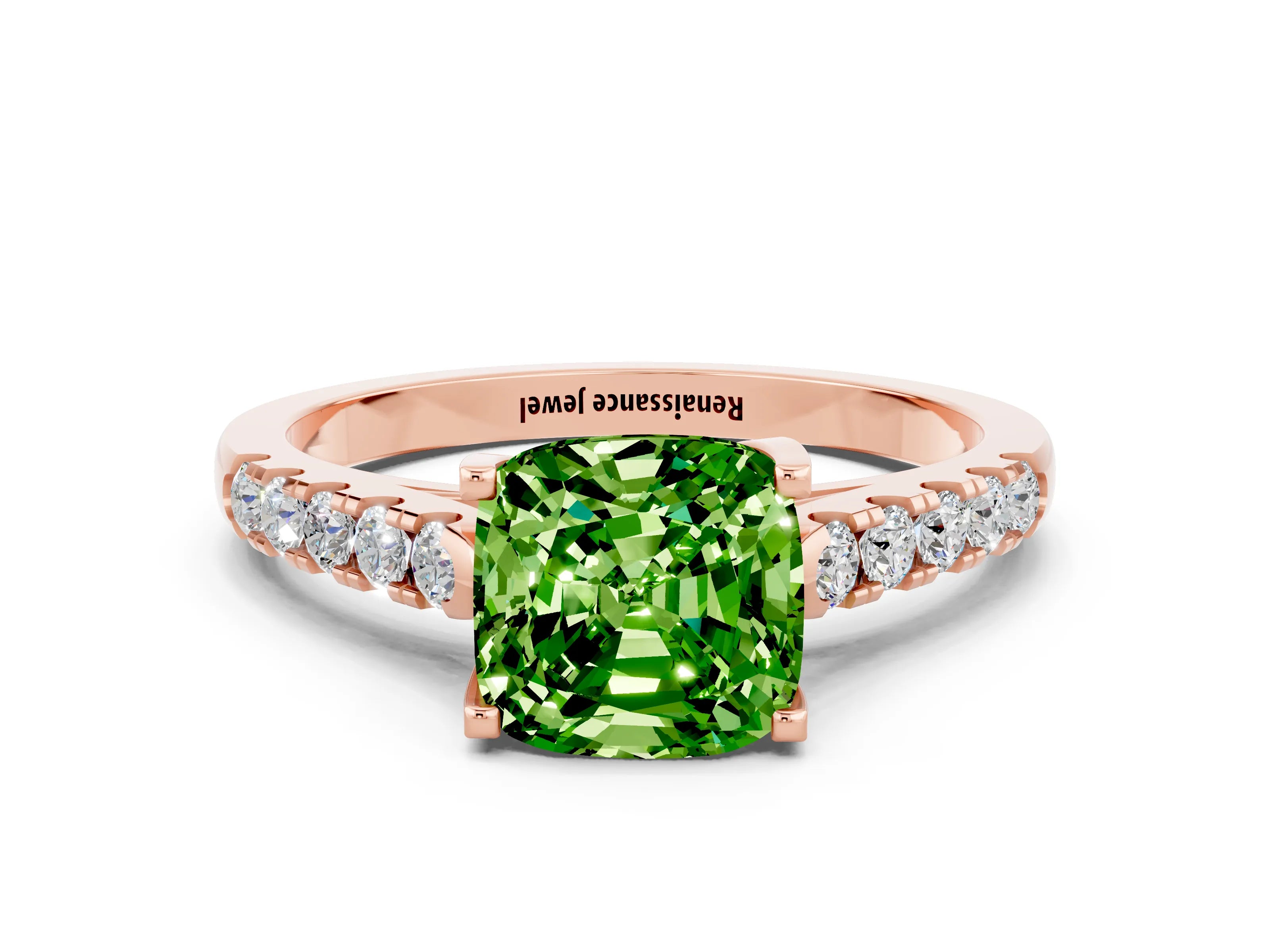 Rose gold {shape_name} Peridot Solitaire Ring with Pavé Band and Four-Prong Setting
