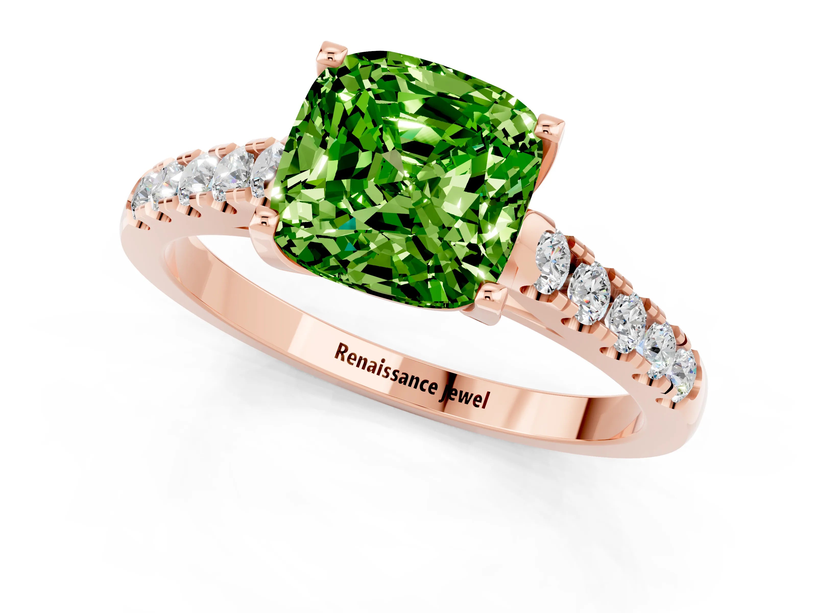 Rose gold {shape_name} Peridot Solitaire Ring with Pavé Band and Four-Prong Setting_1