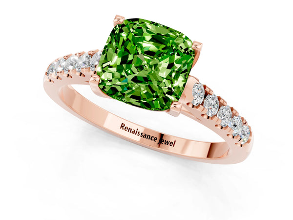 Rose gold Cushion Cut Peridot Pavé Band Solitaire Ring with Prong Setting