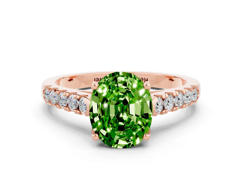 Rose gold {shape_name} Peridot Solitaire Ring with Pavé Band and Four-Prong Setting