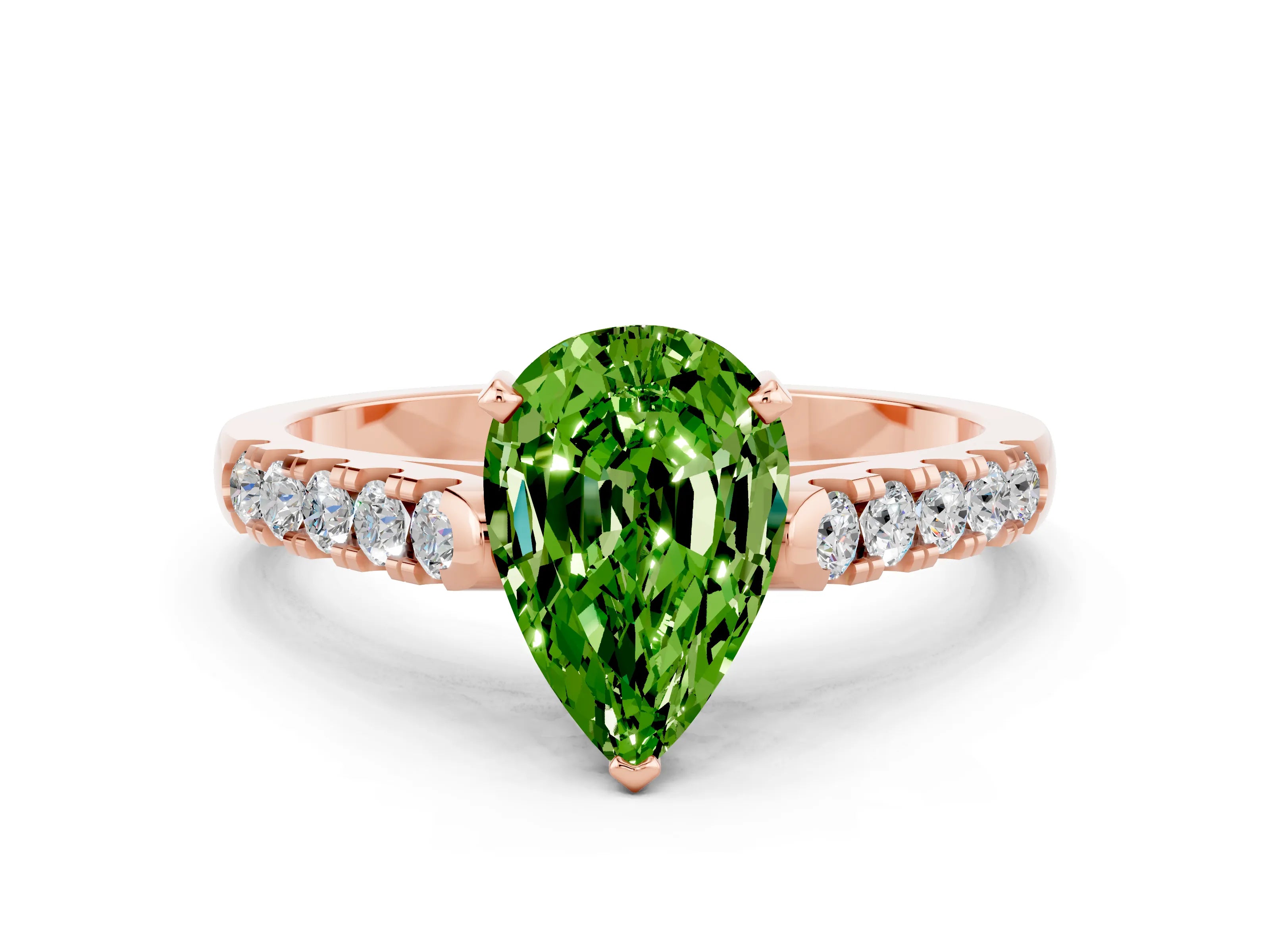 Rose gold {shape_name} Peridot Solitaire Ring with Pavé Band and Four-Prong Setting