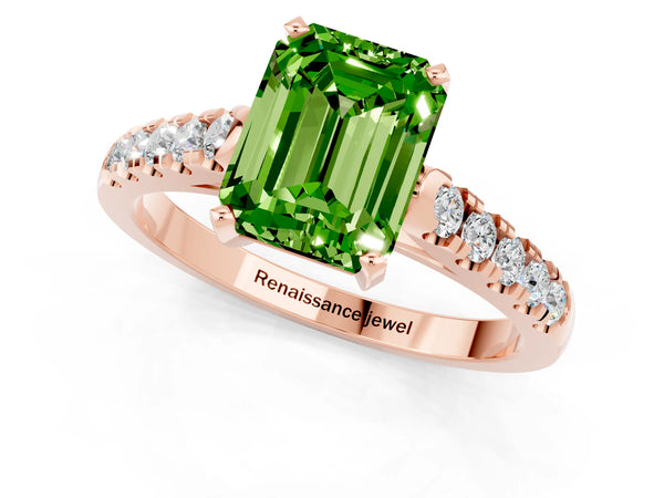 Rose gold Emerald Cut Peridot Pavé Band Solitaire Ring with Prong Setting
