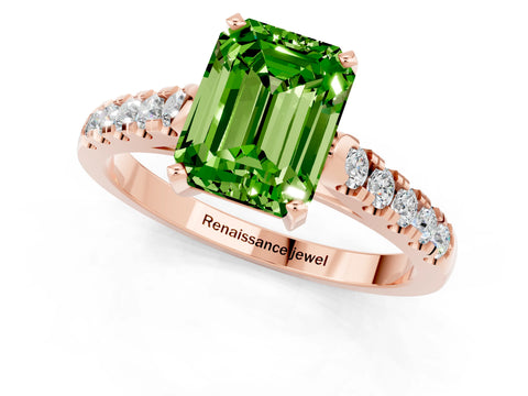 Rose gold {shape_name} Peridot Solitaire Ring with Pavé Band and Four-Prong Setting_1