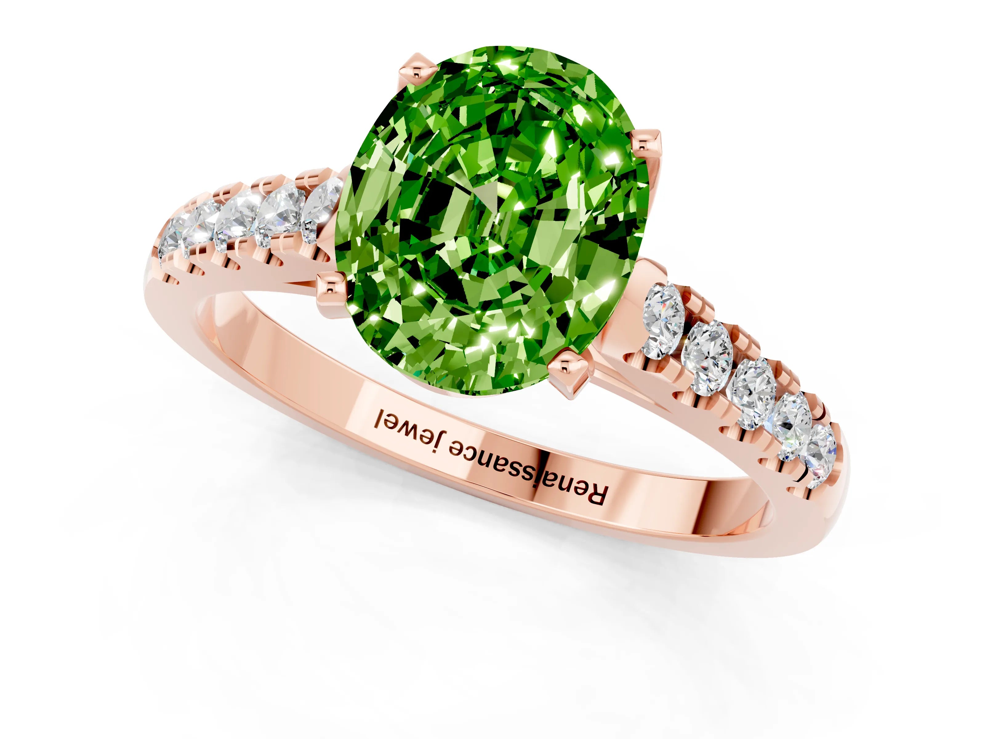 Rose gold {shape_name} Peridot Solitaire Ring with Pavé Band and Four-Prong Setting_1