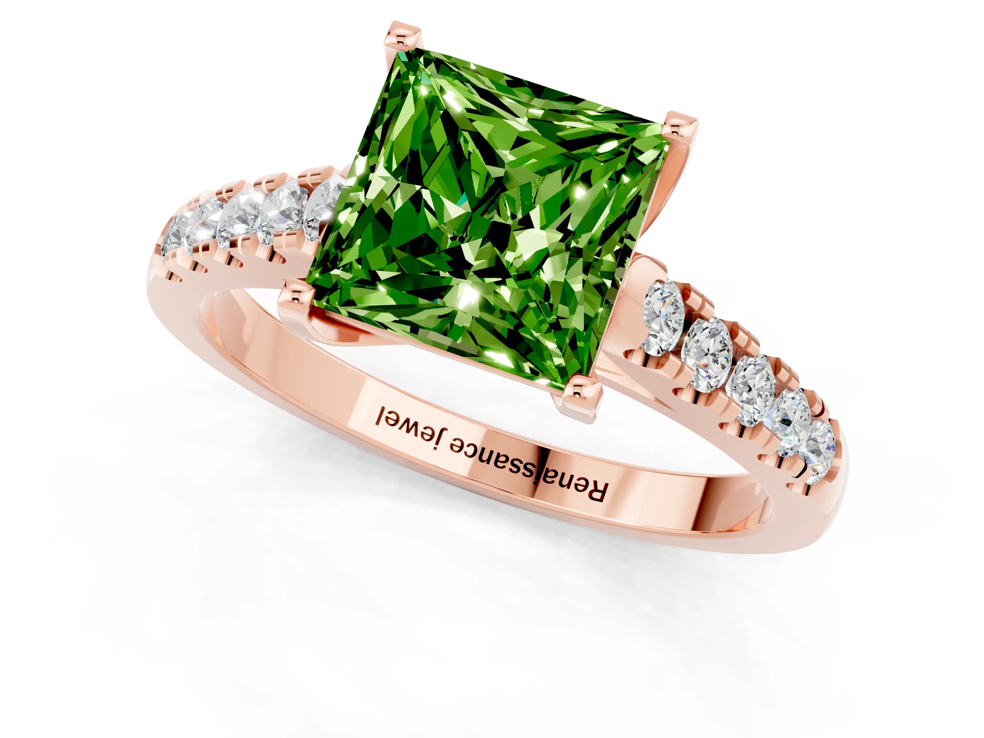 Rose gold {shape_name} Peridot Solitaire Ring with Pavé Band and Four-Prong Setting_1