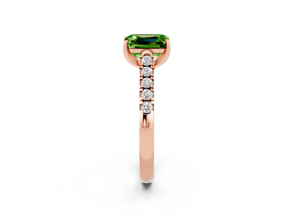 Rose gold Emerald Cut Peridot Pavé Band Solitaire Ring with Prong Setting