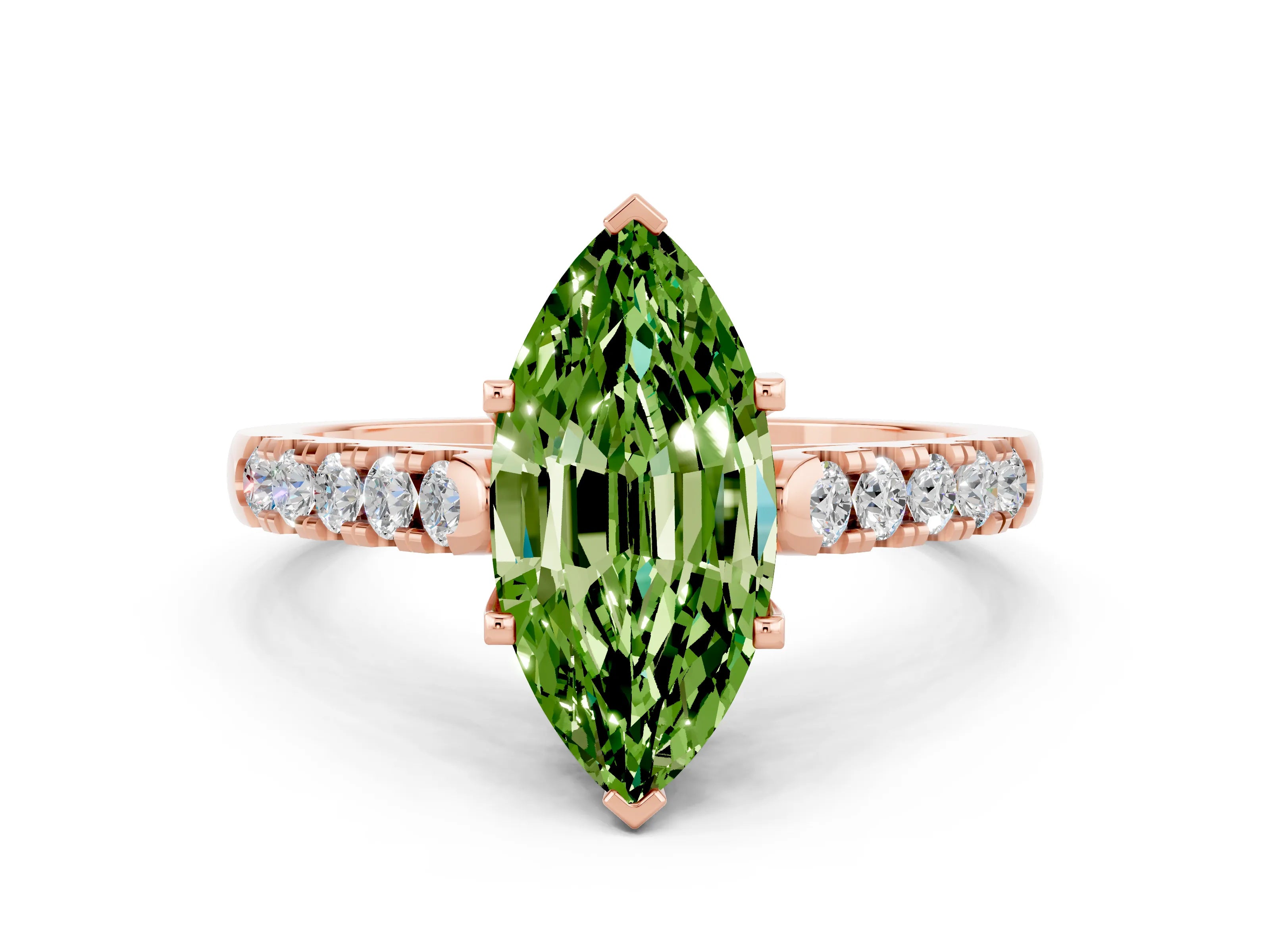 Rose gold {shape_name} Peridot Solitaire Ring with Pavé Band and Four-Prong Setting
