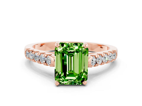 Rose gold {shape_name} Peridot Solitaire Ring with Pavé Band and Four-Prong Setting