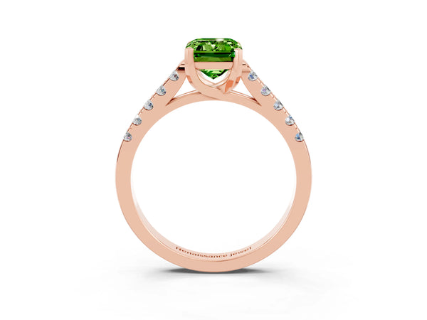 Rose gold Emerald Cut Peridot Pavé Band Solitaire Ring with Prong Setting