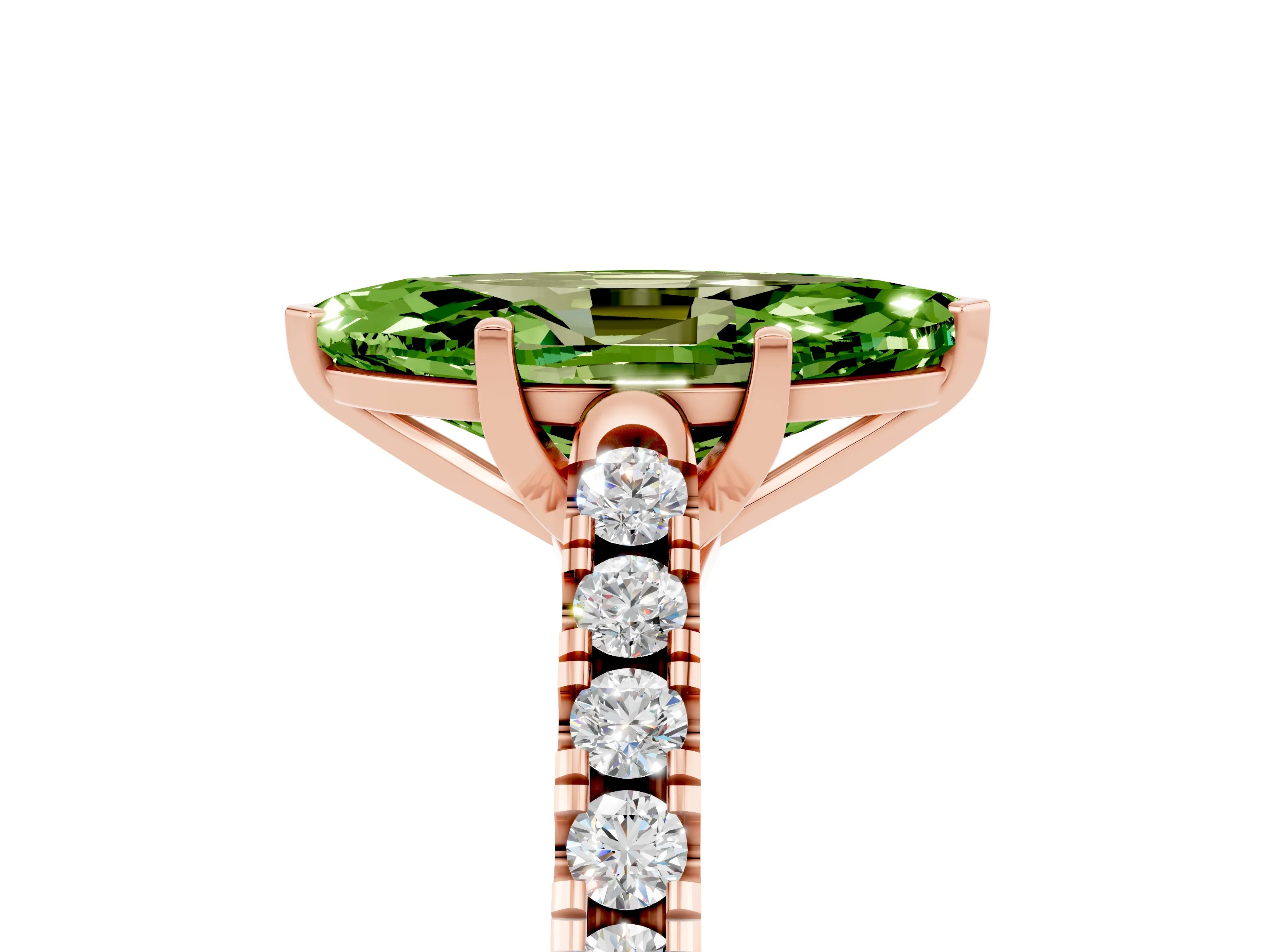 Rose gold {shape_name} Peridot Solitaire Ring with Pavé Band and Four-Prong Setting_5
