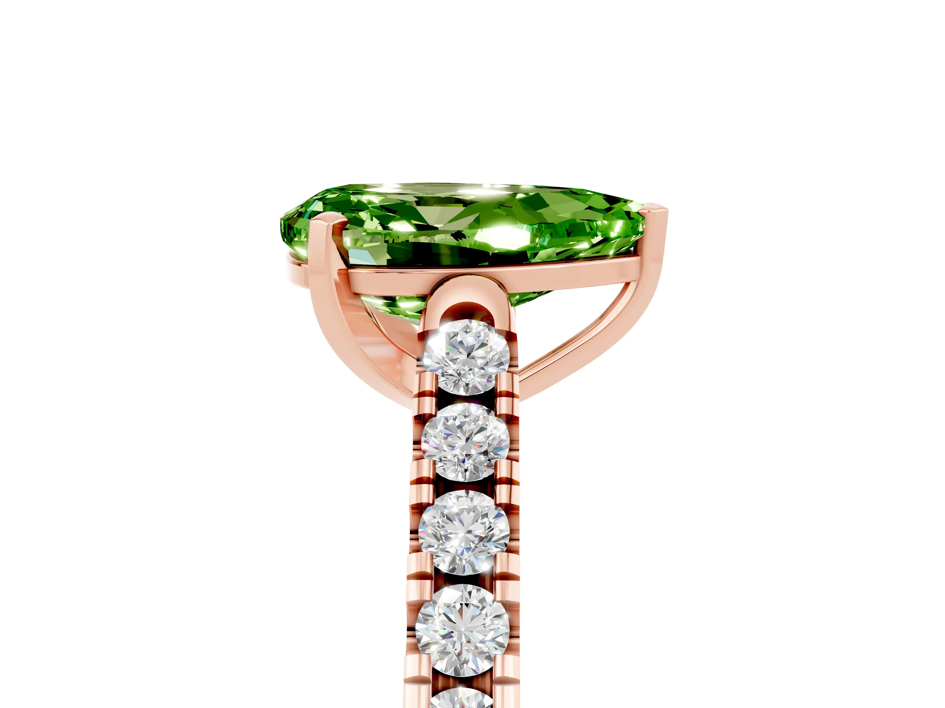 Rose gold {shape_name} Peridot Solitaire Ring with Pavé Band and Four-Prong Setting_5