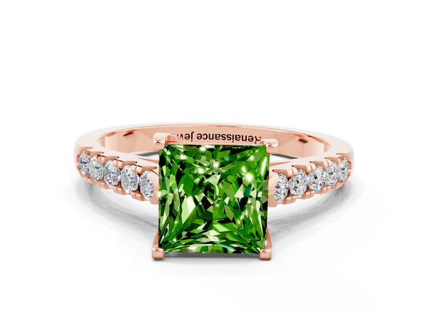 Rose gold Princess Cut Peridot Pavé Band Solitaire Ring with Prong Setting
