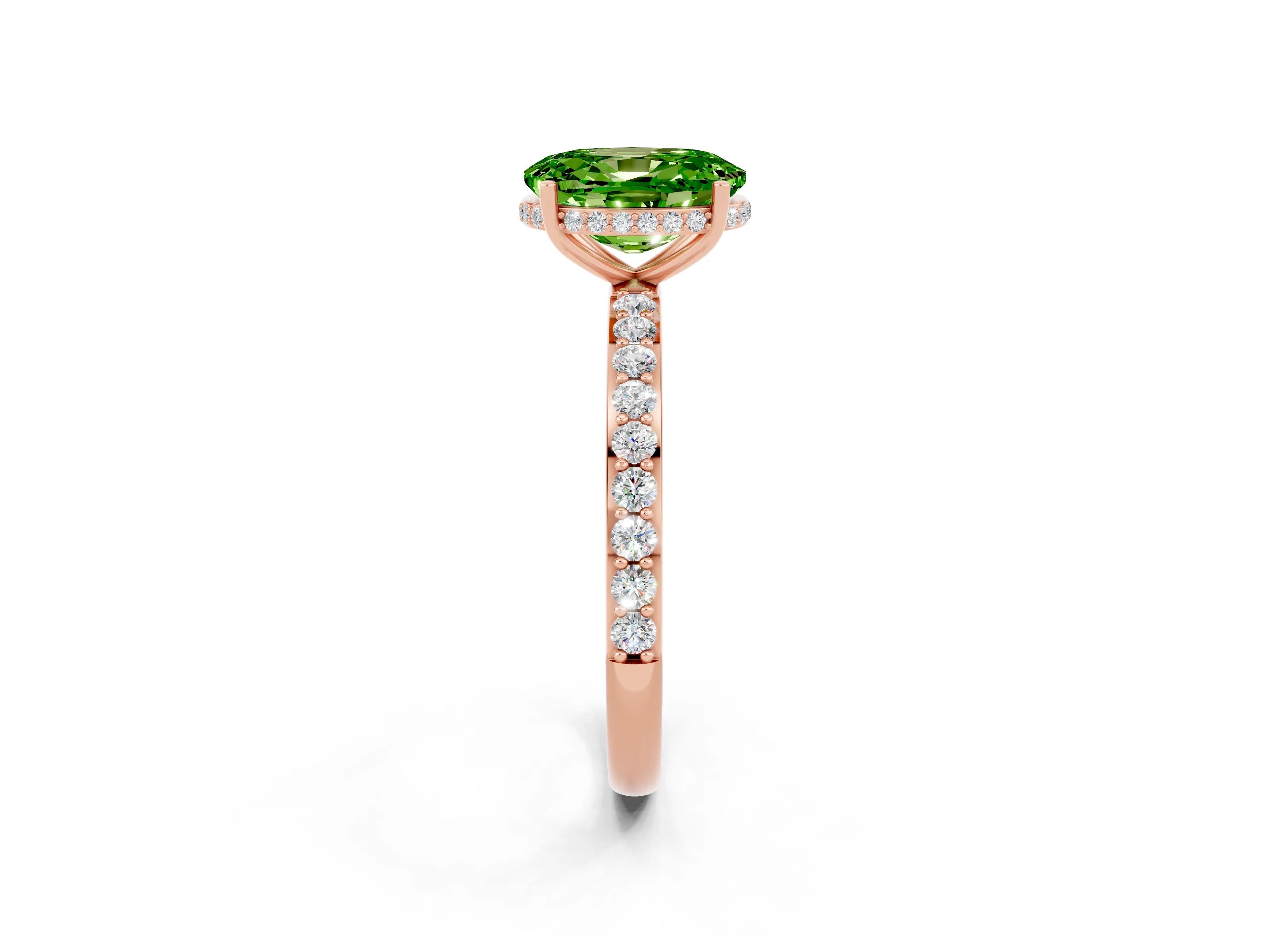 Rose gold {shape_name} Peridot Solitaire Ring with Pavé Band and Hidden Halo_2