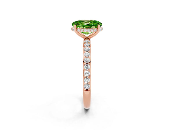 Rose gold Oval Cut Peridot Solitaire Ring with Pavé Band and Hidden Halo