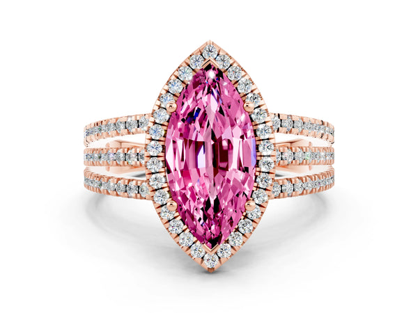 Rose gold Marquise Cut Pink Sapphire Halo Engagement Ring with Split Shank and Four-Prong Setting