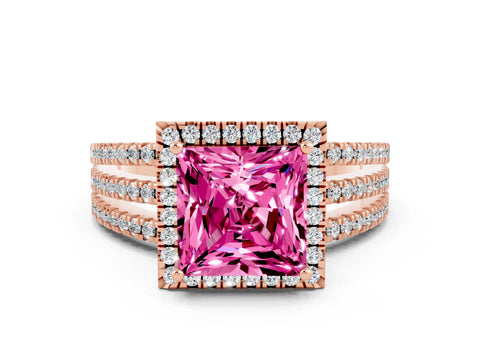 Rose gold {shape_name} Pink Sapphire Halo Engagement Ring with Split Shank and Four-Prong Setting