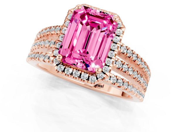Rose gold Emerald Cut Pink Sapphire Halo Engagement Ring with Split Shank and Four-Prong Setting