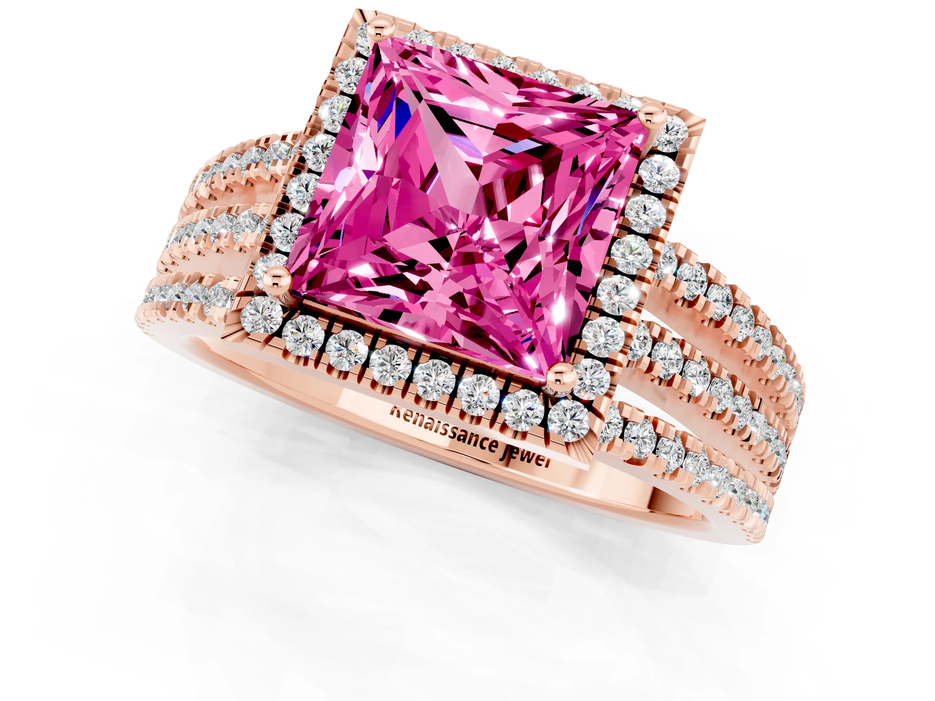 Rose gold {shape_name} Pink Sapphire Halo Engagement Ring with Split Shank and Four-Prong Setting_1