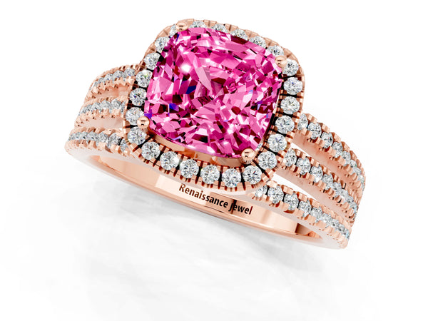 Rose gold Cushion Cut Pink Sapphire Halo Engagement Ring with Split Shank and Four-Prong Setting