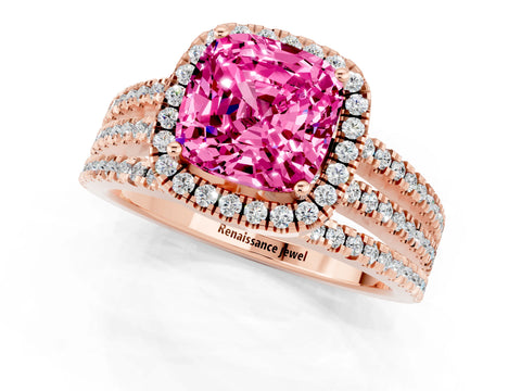 Rose gold {shape_name} Pink Sapphire Halo Engagement Ring with Split Shank and Four-Prong Setting_1