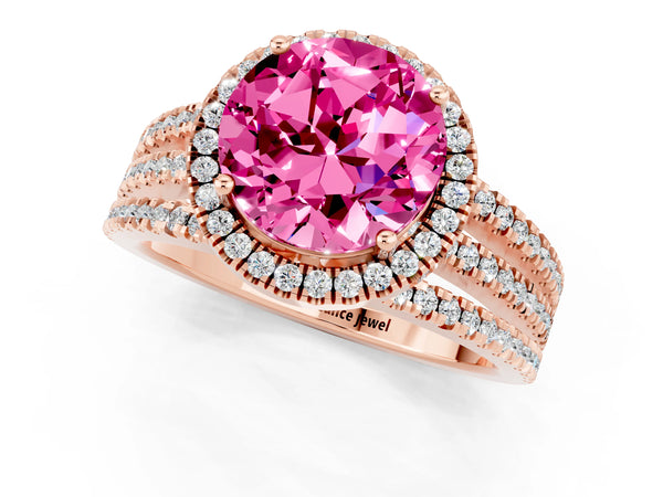Rose gold Round Cut Pink Sapphire Halo Engagement Ring with Split Shank and Four-Prong Setting