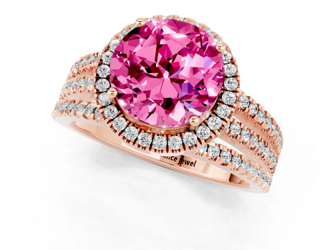 Rose gold {shape_name} Pink Sapphire Halo Engagement Ring with Split Shank and Four-Prong Setting_1