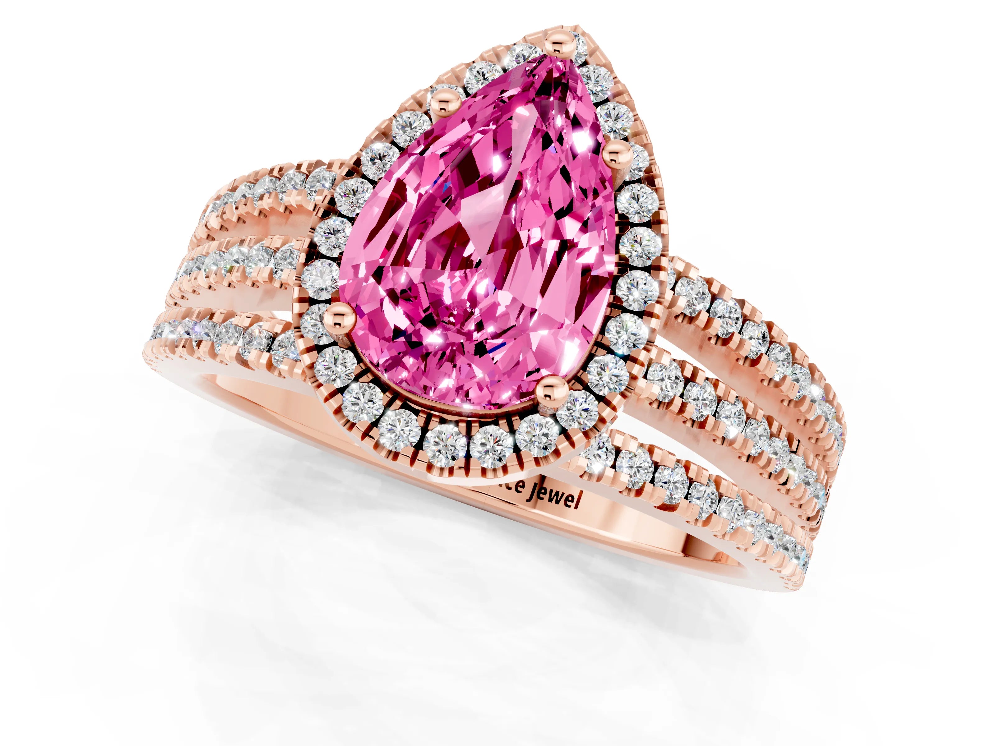 Rose gold {shape_name} Pink Sapphire Halo Engagement Ring with Split Shank and Four-Prong Setting_1