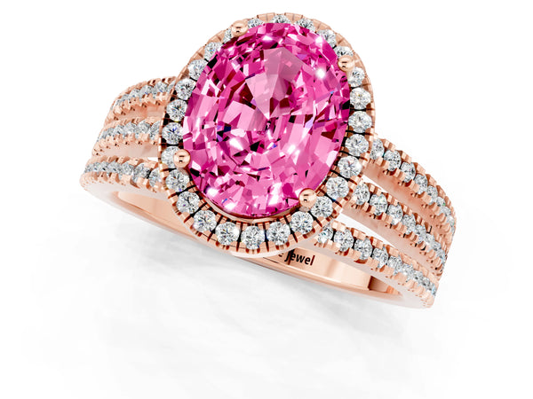 Rose gold Oval Cut Pink Sapphire Halo Engagement Ring with Split Shank and Four-Prong Setting