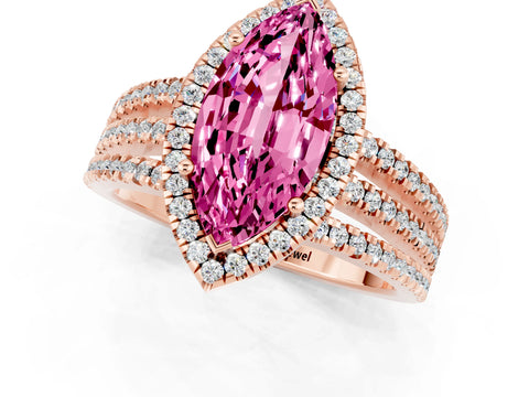 Rose gold {shape_name} Pink Sapphire Halo Engagement Ring with Split Shank and Four-Prong Setting_1