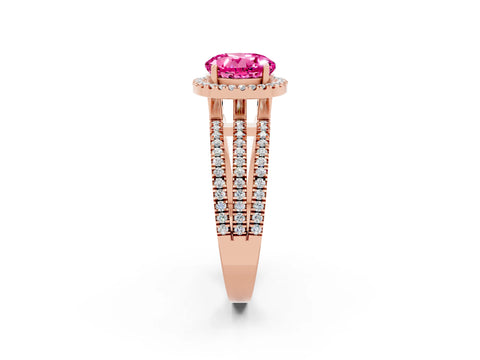Rose gold {shape_name} Pink Sapphire Halo Engagement Ring with Split Shank and Four-Prong Setting_2