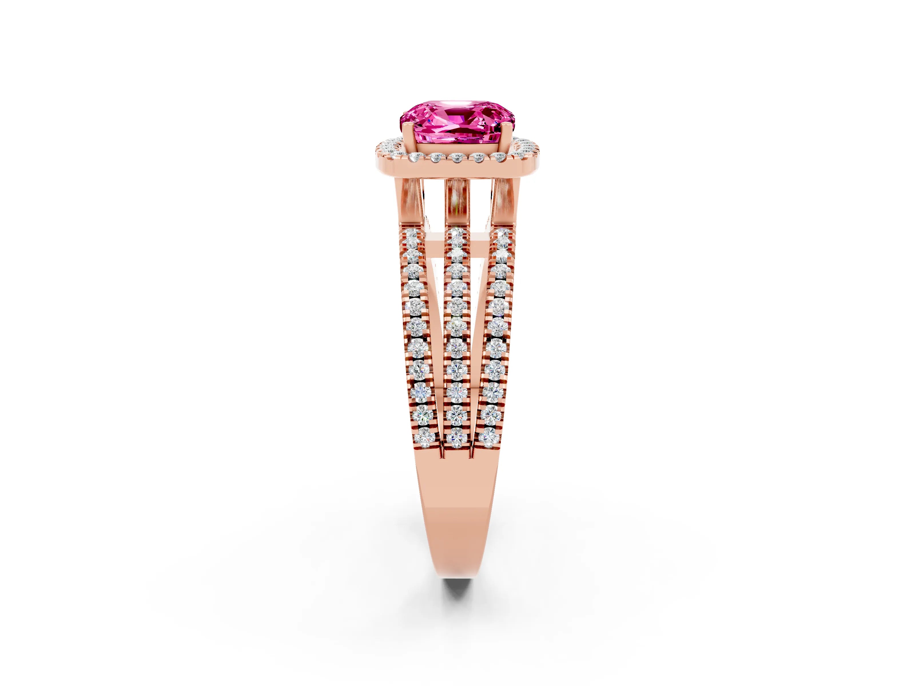 Rose gold {shape_name} Pink Sapphire Halo Engagement Ring with Split Shank and Four-Prong Setting_2