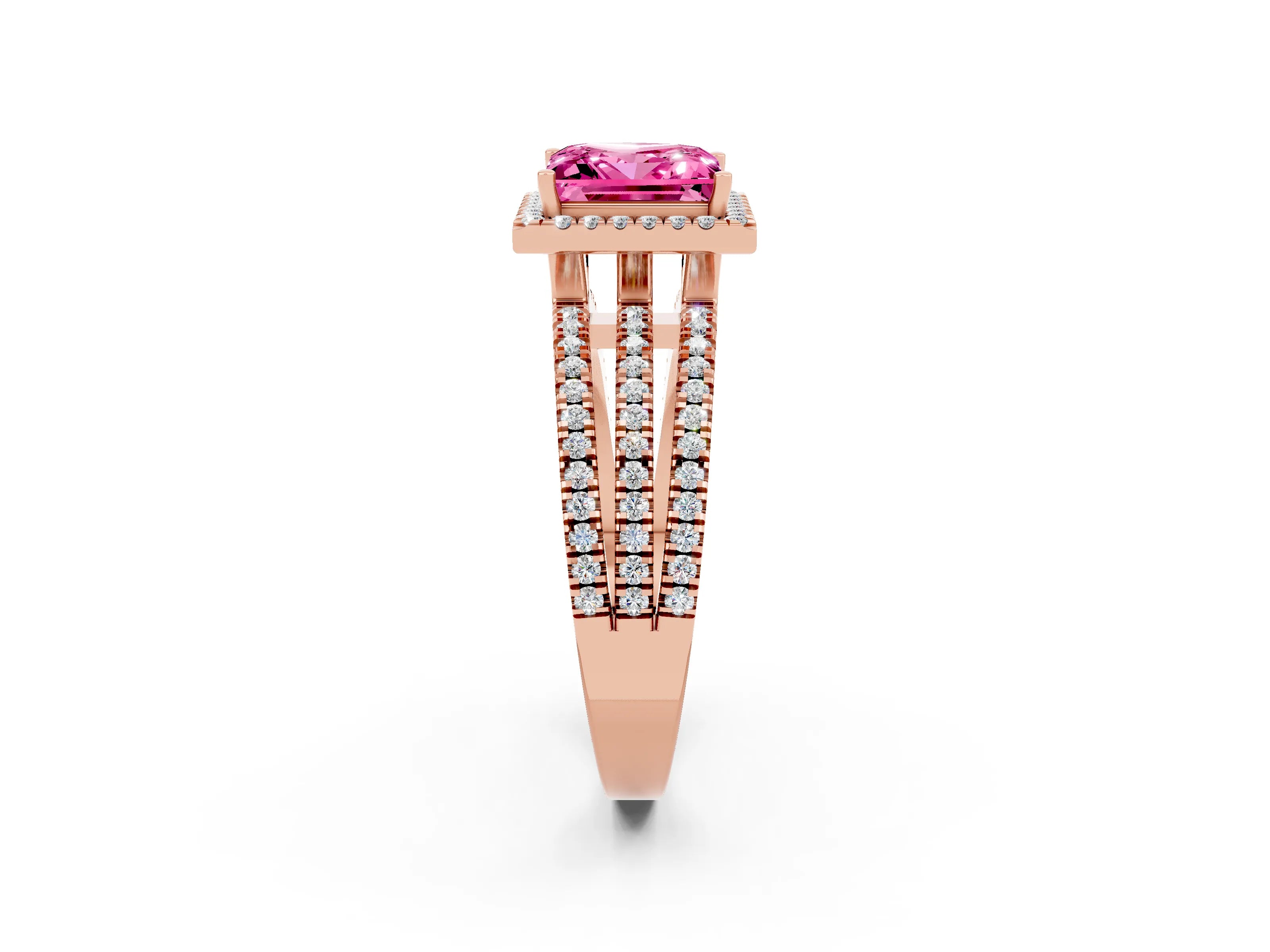 Rose gold {shape_name} Pink Sapphire Halo Engagement Ring with Split Shank and Four-Prong Setting_2