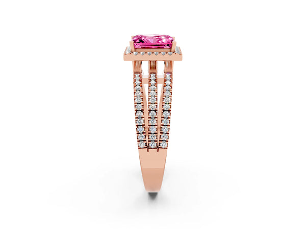 Rose gold Princess Cut Pink Sapphire Halo Engagement Ring with Split Shank and Four-Prong Setting