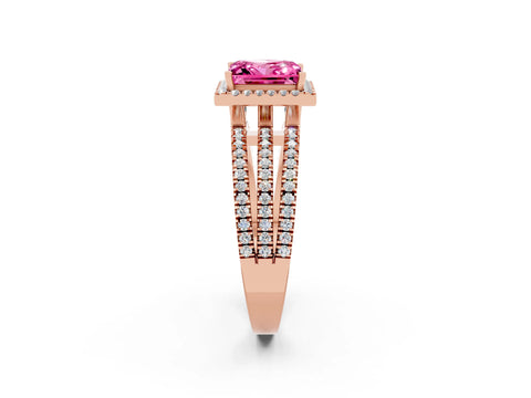 Rose gold {shape_name} Pink Sapphire Halo Engagement Ring with Split Shank and Four-Prong Setting_2