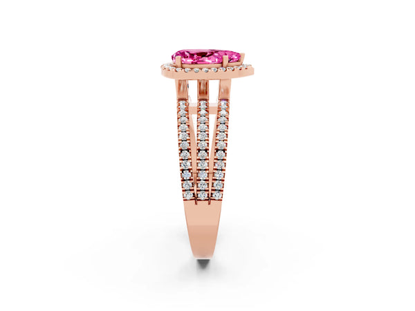 Rose gold Pear Cut Pink Sapphire Halo Engagement Ring with Split Shank and Four-Prong Setting