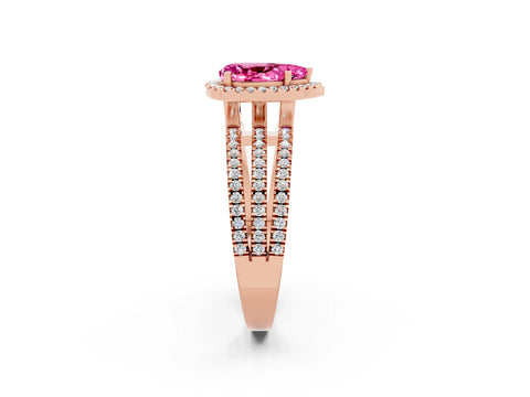 Rose gold {shape_name} Pink Sapphire Halo Engagement Ring with Split Shank and Four-Prong Setting_2