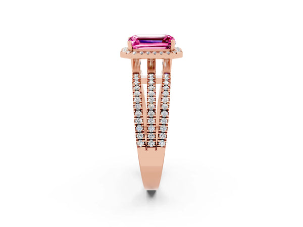 Rose gold Emerald Cut Pink Sapphire Halo Engagement Ring with Split Shank and Four-Prong Setting