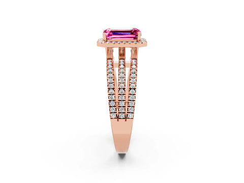 Rose gold {shape_name} Pink Sapphire Halo Engagement Ring with Split Shank and Four-Prong Setting_2