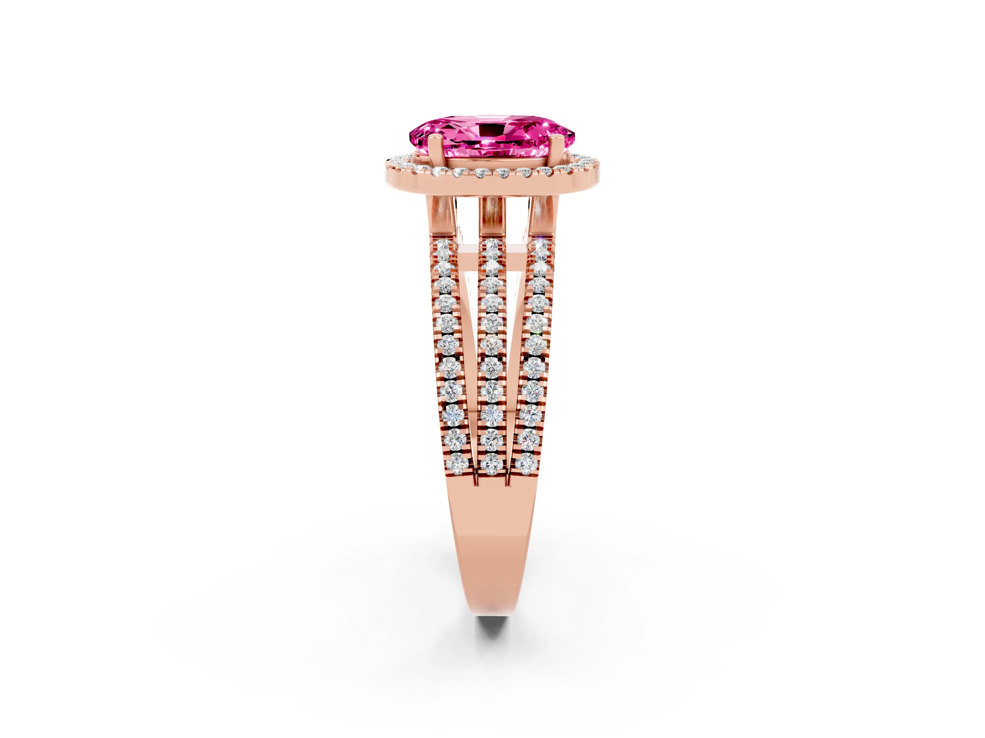 Rose gold {shape_name} Pink Sapphire Halo Engagement Ring with Split Shank and Four-Prong Setting_2
