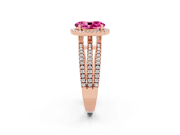 Rose gold Oval Cut Pink Sapphire Halo Engagement Ring with Split Shank and Four-Prong Setting