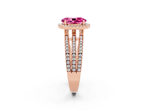 Rose gold {shape_name} Pink Sapphire Halo Engagement Ring with Split Shank and Four-Prong Setting_2