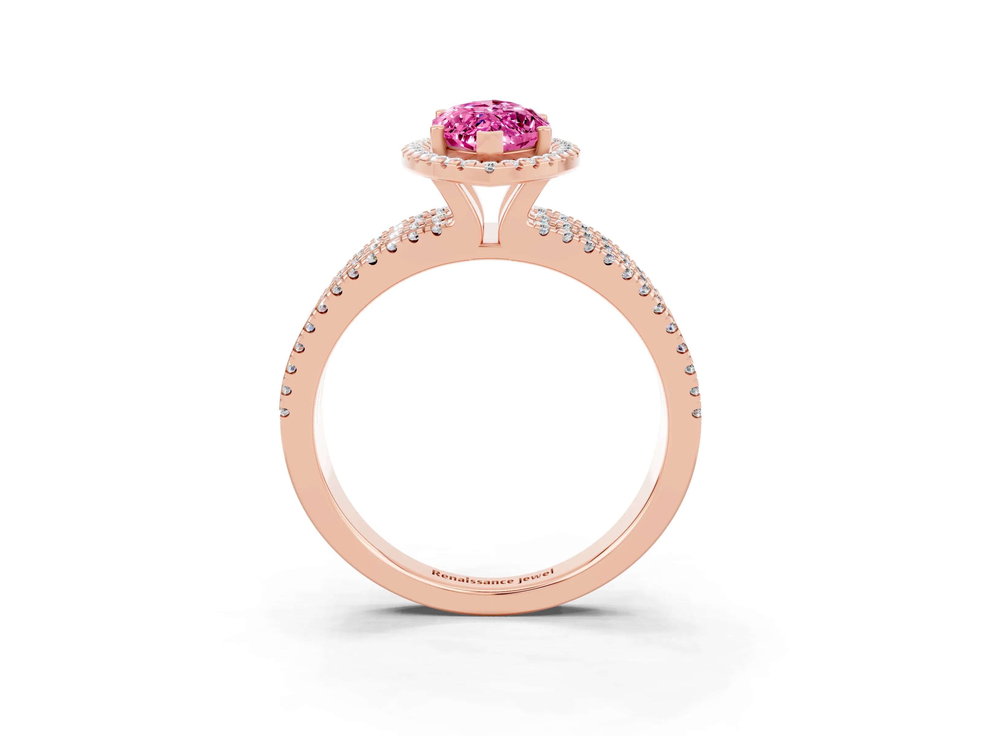 Rose gold {shape_name} Pink Sapphire Halo Engagement Ring with Split Shank and Four-Prong Setting_3