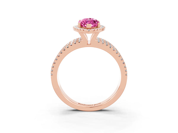 Rose gold Marquise Cut Pink Sapphire Halo Engagement Ring with Split Shank and Four-Prong Setting
