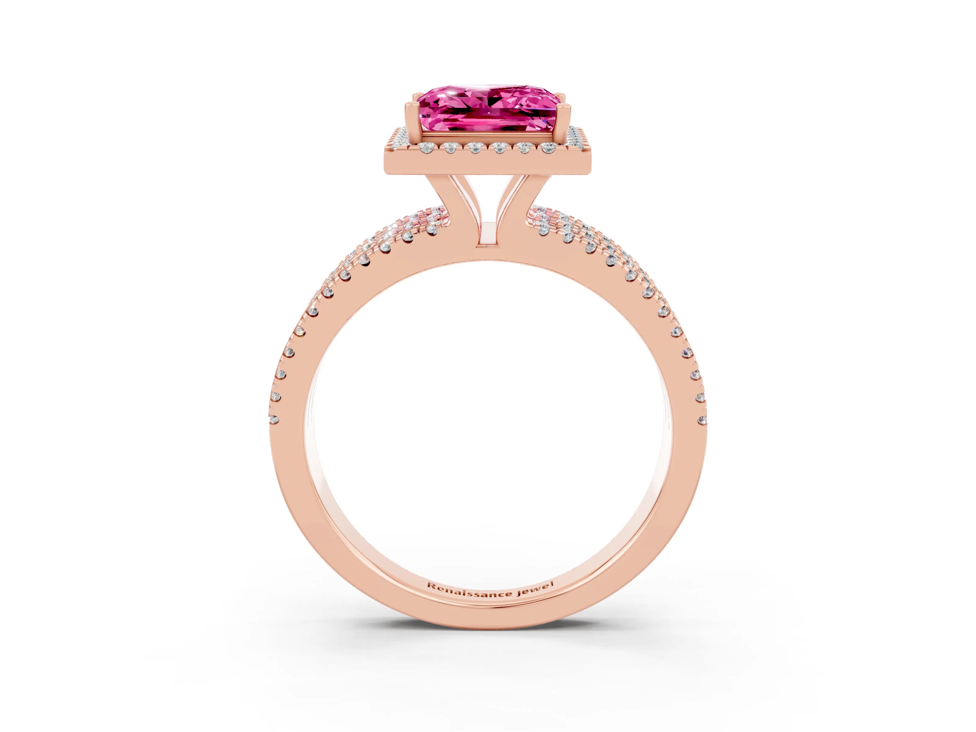Rose gold {shape_name} Pink Sapphire Halo Engagement Ring with Split Shank and Four-Prong Setting_3