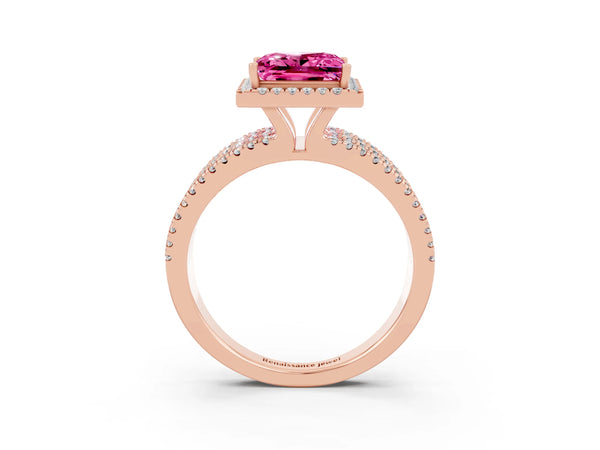 Rose gold Princess Cut Pink Sapphire Halo Engagement Ring with Split Shank and Four-Prong Setting